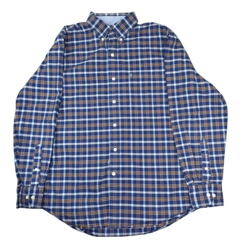 IZOD Mens Blue Plaid Shirt Brown White Long Sleeve Cotton Size M   JH879